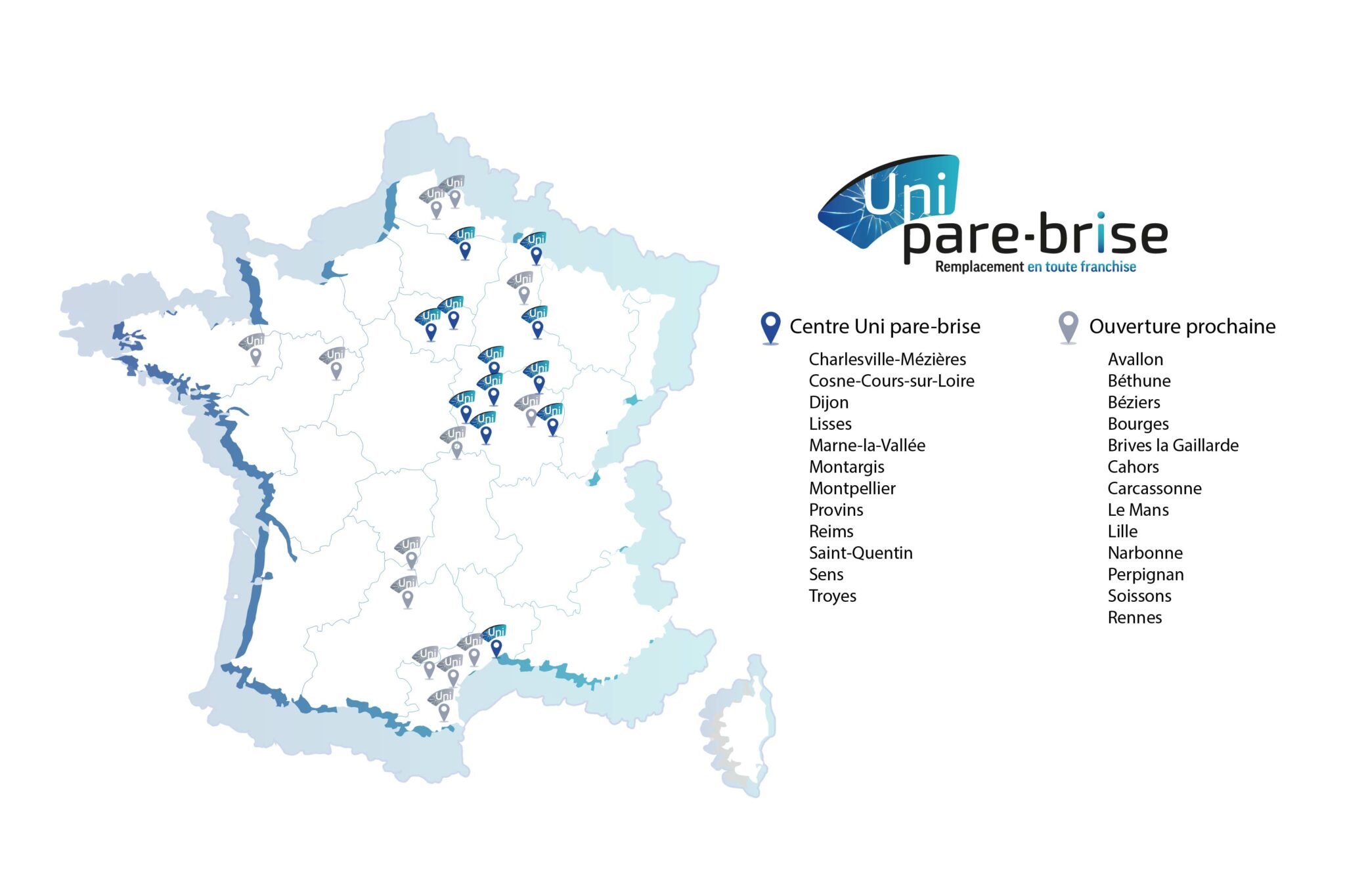 Carte France centres Uni pare-brise